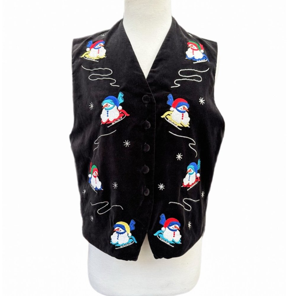 Vintage Karen Scott Black Velvet Embroidered Snowman Button Up Vest | Size Mediu